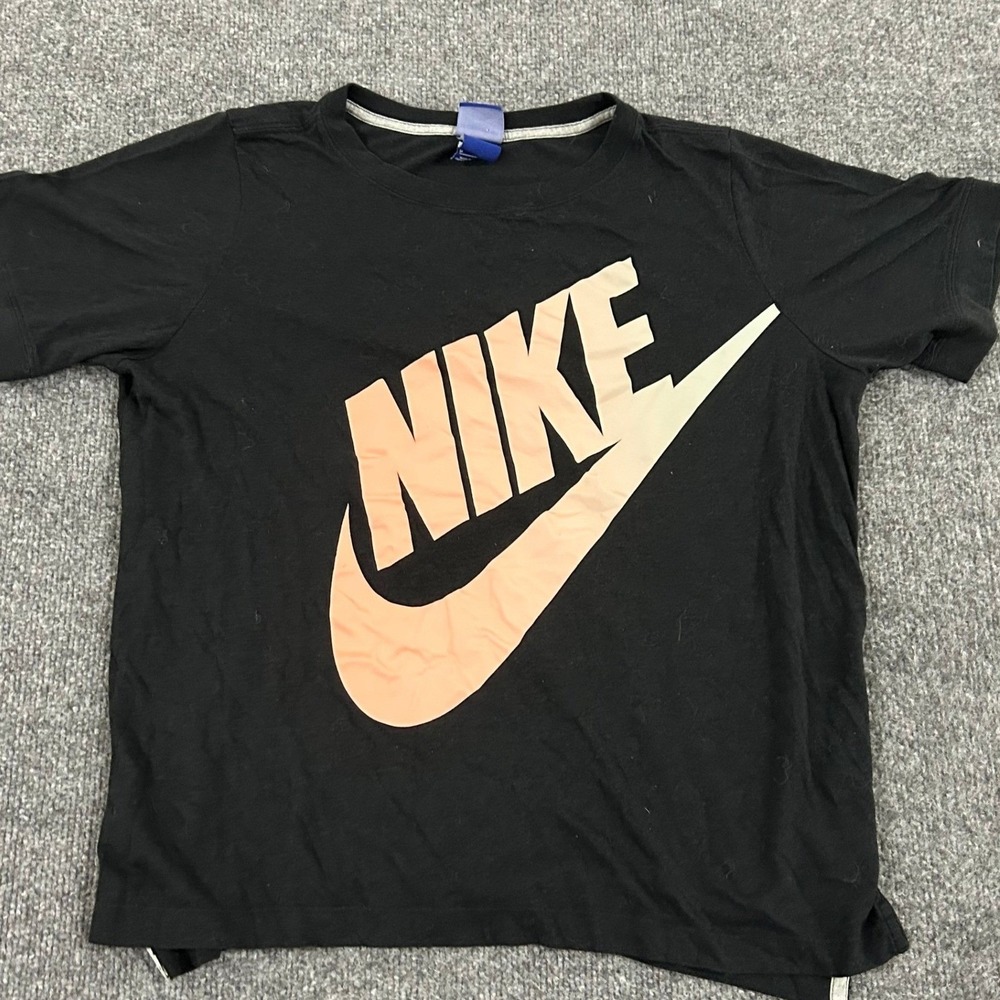 Nike T-Shirt Womens Size M Black Viscose Blend Graphic Swoosh Short Sleeve Tee